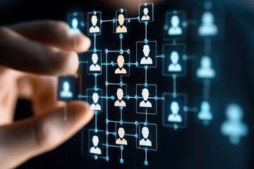 Connecting the Network: A hand interacting with an abstract network of interconnected profiles, symbolizing digital connection and networking.