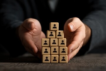 Naklejka premium Holding the Pyramid: Hands tenderly cradle a meticulously constructed pyramid of wooden blocks, each bearing the simple symbol of a human silhouette.