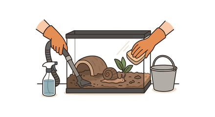 pet snail enclosure cleaning routine and maintenance process flat vector illustration style isolated on white background