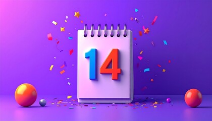 Calendar page with number 14 and vibrant confetti, celebrating special dates, anniversaries, and events