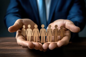 Unity and Support: A compassionate individual cradles a collection of miniature figures, representing a diverse team and symbolizing unity, support, and collective strength.