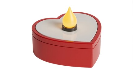 Close up of a red heart shaped box with a silver top and a yellow candle on a white background