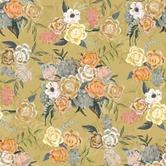 Abstract watercolor rose flower creative allover design floral fabric with a repeating pattern of roses and other flowers on a mustard yellow background stock design seamless floral pattern design