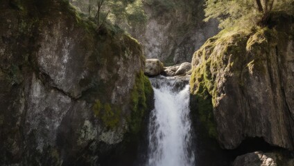 A cascading waterfall plunges between moss-covered rocks, illuminated by sunlight filtering through trees