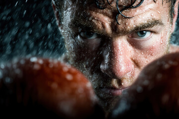 Obraz premium Intense Wet Man Face Close Up Training Sweat Drops Determined Strong Athletic Workout