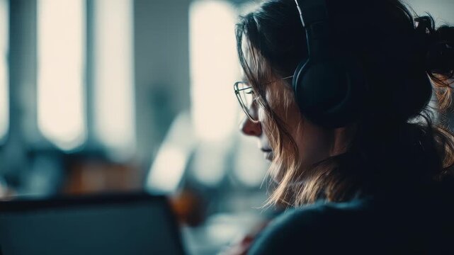 A professional female immersed in her work, listening to music or a podcast through headphones while using a laptop. The blurred background suggests a creative workspace setting