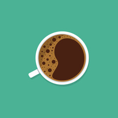 Vector coffee cup with saucer and long shadow on green background.