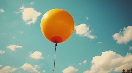 A single orange balloon floats against a bright sky with fluffy white clouds