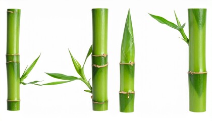 Green bamboo stalks with segmented nodes and emerging shoot on white background for editorial botanical photography natural design and poetic resilience-themed visuals