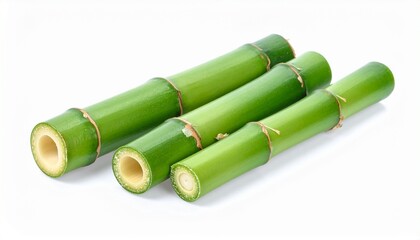 Green bamboo stalks with segmented nodes and emerging shoot on white background for editorial botanical photography natural design and poetic resilience-themed visuals