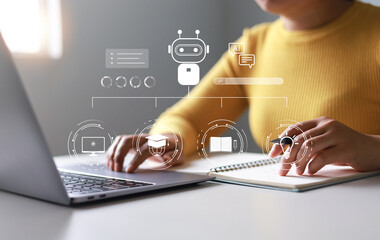 Woman using laptop for learning using artificial intelligence AI, educational tools, video teaching, digital courses, internet lessons, e-learning education concept.