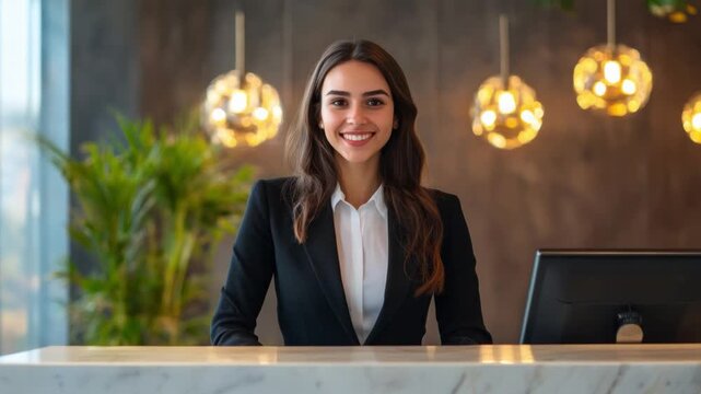 Receptionist Hospitality: A poised, smiling receptionist stands at a stylish reception desk, illuminated by soft lighting. Her professional demeanor creates a welcoming ambiance for guests.