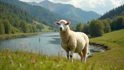Fototapeta premium White sheep stands in green meadow next to calm lake and mountains. Peaceful landscape evokes Psalm 23 verses. Pastoral scene with animal in nature offers tranquil beauty and serenity.
