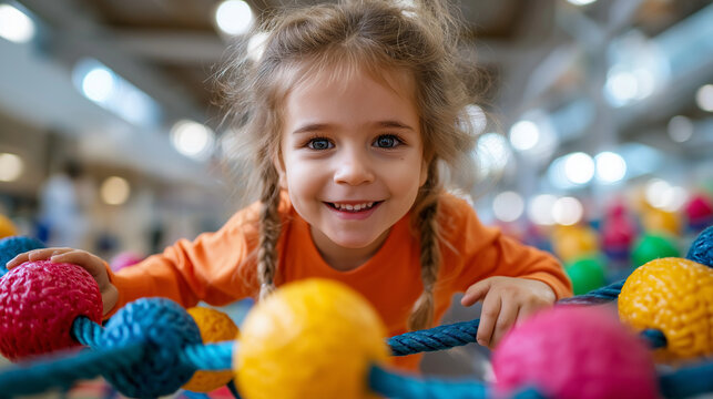 Cheerful child navigating colorful obstacle course in indoor play center, active kids, motor skills, family entertainment, bright colors, fun activity, with copy space