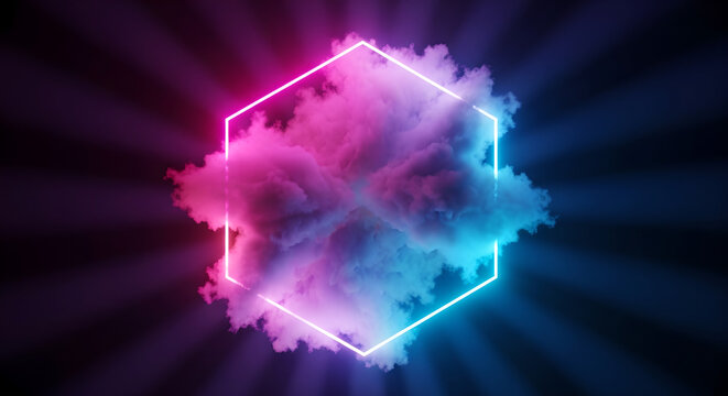 Neon Hexagon Cloud Frame Vibrant Pink Blue Light Rays Copy Space - Powered by Adobe
