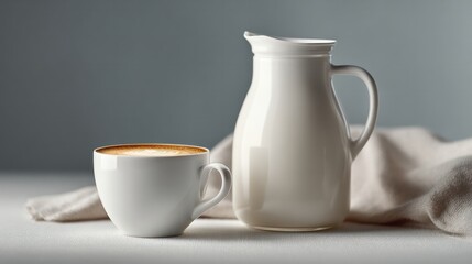 Fototapeta premium Coffee cup and creamer pitcher minimalist kitchen still life neutral background close-up culinary art