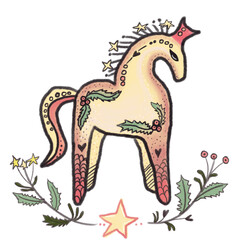 Festive Folk Art Horse Illustration with Stars and Holly