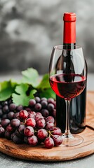Obraz premium A beautifully arranged bottle of red wine beside a glass atop a wooden table surrounded by dark grapes in elegant lighting