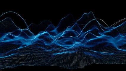 黒い背景に広がる青いドットの波の抽象画