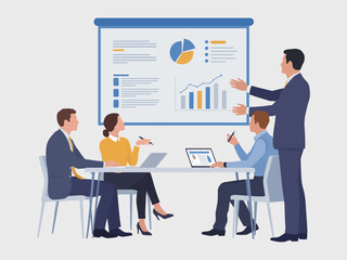 Fototapeta premium Corporate business meeting scene featuring man in suit presenting data, colleagues seated at table with laptop and notes, professional teamwork environment, well-lit office vector illustration
