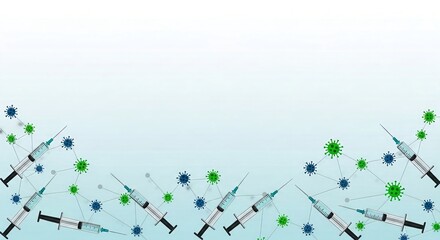 Medical and healthcare vaccination background featuring syringes and virus particles, suitable for immunization, disease prevention, pharmaceutical concepts, and editable text space if available