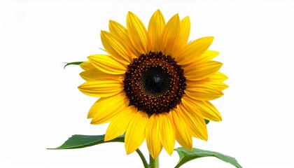 Sunflower in full bloom with bright yellow petals and central brown-green disc on white background for editorial botanical photography summer decor and poetic positivity-themed visuals