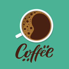 Vector coffee cup with saucer and long shadow on green background.