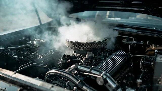 Classic Muscle Car Engine Overheating with Thick White Smoke Billowing from Hood in Daylight