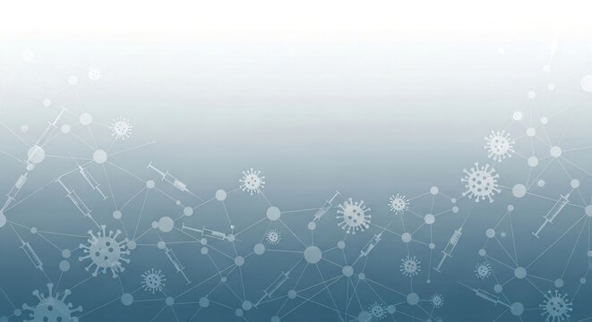 Medical and healthcare vaccination background featuring syringes and virus particles, suitable for immunization, disease prevention, pharmaceutical concepts, and editable text space if available
