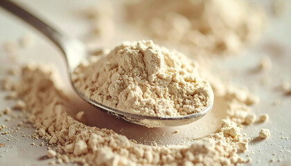 Light beige powder in spoon, natural and culinary ingredient concept.