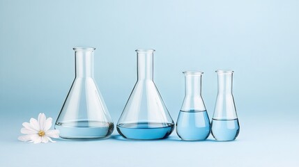 Laboratory experiment setup featuring glass beakers and test tubes against a soft blue background