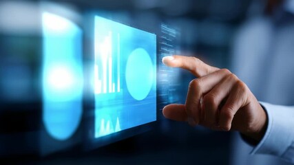 Close up hand touching virtual screen with glowing financial graphs, analytics, symbolizing innovation in business intelligence. Highlights digital transformation, smart solutions - Powered by Adobe
