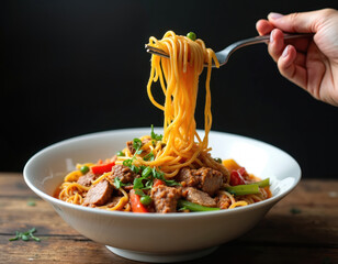 Close photo of lagman dish in white bowl. Hand holds fork with spaghetti. Meat vegetables and sauce. Home cooking. Dark background wooden table.