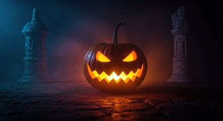 Eerie pumpkin glowing with otherworldly light amidst a foggy, ancient setting, evoking mysterious supernatural energy and spectral presence ,shadows ,spooky ,enchantment