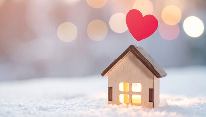 Miniature house with red heart icon floating above the roof, winter season with soft snow, cozy