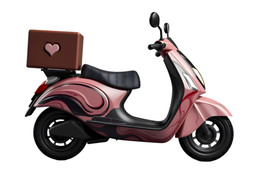 Pink retro style scooter with a heart decorated delivery box isolated on transparent background
