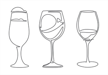 Continuous Line Art Beverage Glasses Set. line icon-continuous line drawing. Editable stroke. 