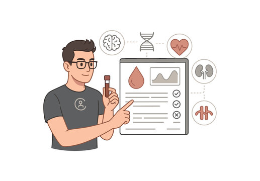 biohacker bloodwork analysis tracking biomarkers for early disease prevention flat vector illustration style isolated on white background