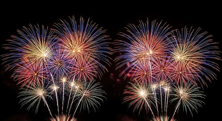 A vivid festival of rockets and fountains lighting up a dark sky with red, blue, green, and gold bursts. Perfect for celebrations, holidays, nightlife, and event promotion visuals.