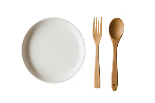 White plate with wooden cutlery isolated on a transparent background