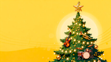 Christmas tree decorated with violin, trumpet and drums glows with string lights on a bright yellow background with copy space, warm cheerful mood, for music schools, concert ads, holiday marketing