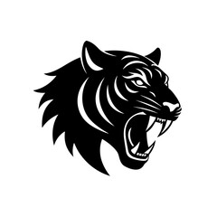Fierce black tiger head roaring on transparent background silhouette