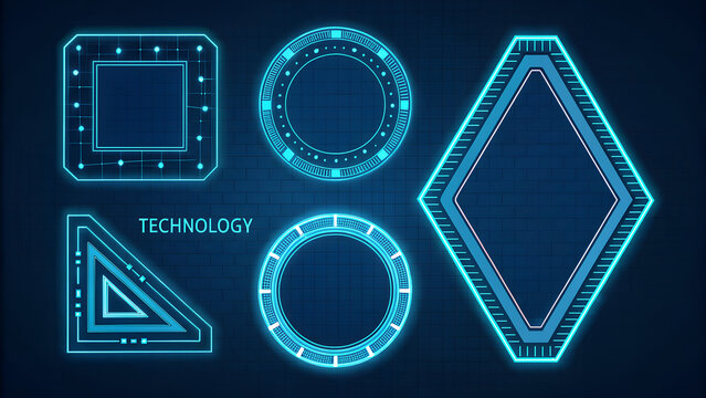 Digital neon HUD frames in futuristic geometric forms. Bright lightning portals with text. Game UX design elements. Futuristic technology cyberpunk set. Hexagon frame, circle HUD, square, and triangle