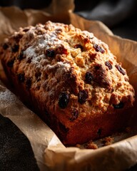 Freshly baked raisin bread loaf in brown parchment paper