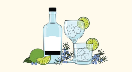 A refreshing gin and tonic cocktail served with fresh limes and botanicals.