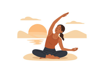 sunrise yoga flow intentional movement and mindful breath morning ritual flat vector illustration style isolated on white background