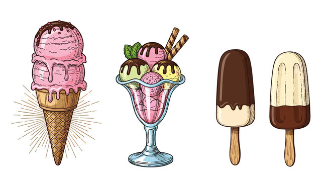 A delicious variety of frozen treats including ice cream cones sundaes and chocolate-dipped popsicles perfect for a hot summer day.
