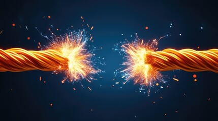Sparks fly as an electrical cable frays and breaks, illuminating the dark background with dramatic energy and intensity