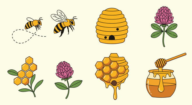 A collection of adorable cartoon bees buzzing around clover flowers and honeycomb structures with a charming beehive and a honey dipper in a jar.