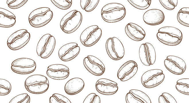 Seamless pattern of coffee beans, hand-drawn brown line art sketch, vertical vector illustration.